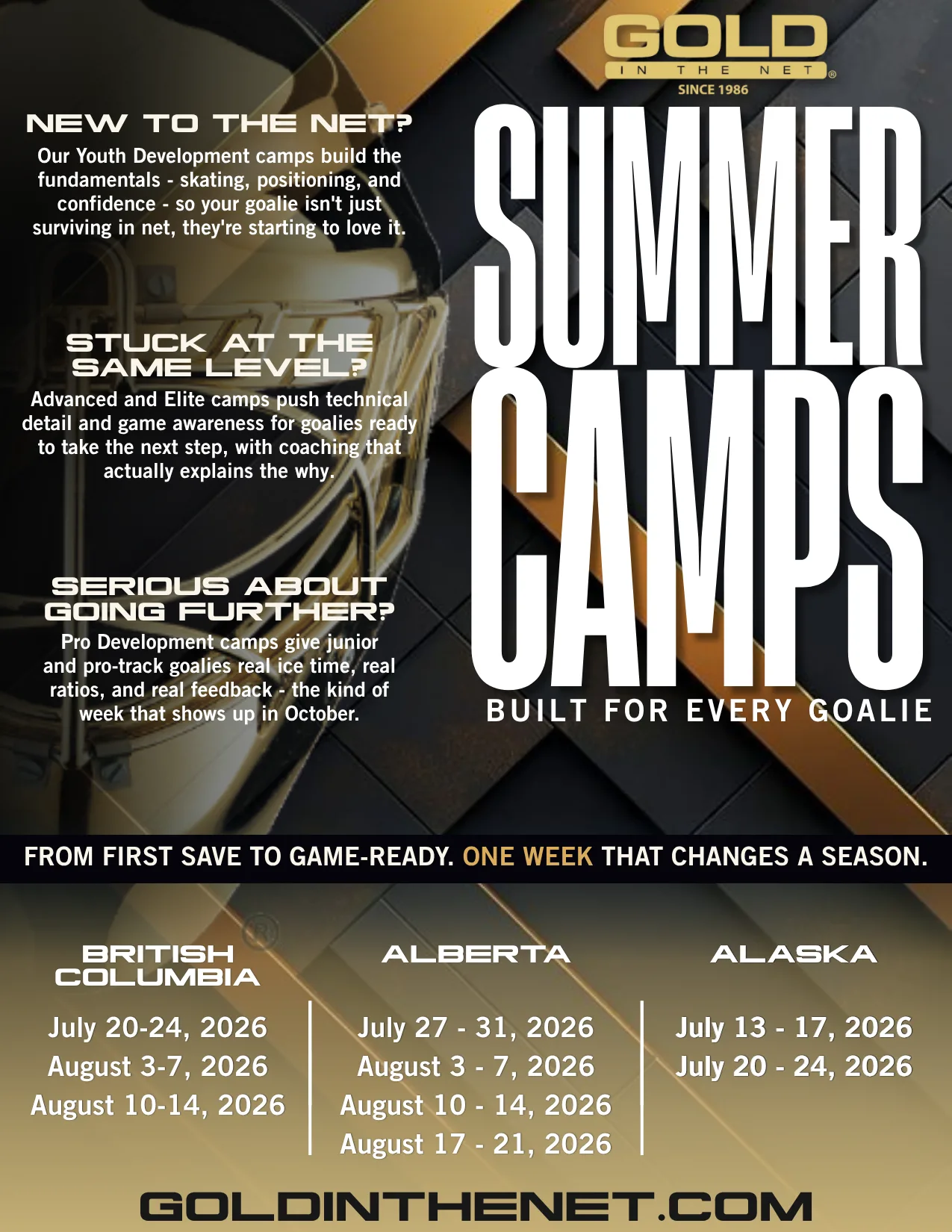 Gold in the Net summer camps 2026 - built for every goalie