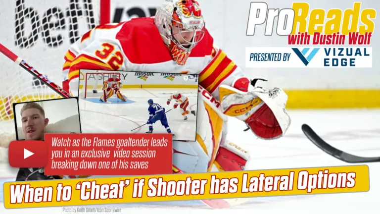 Dustin Wolf of the Calgary Flames breaks down when to cheat if the shooter has lateral options in Pro Reads 15