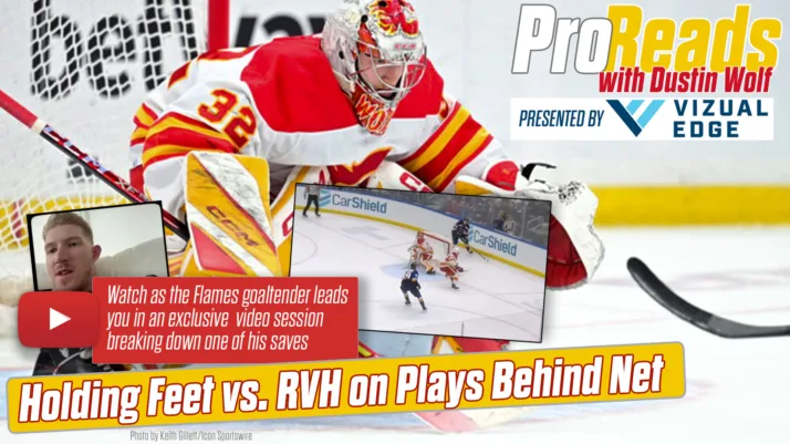 Calgary Flames goaltender Dustin Wolf in his crease during an InGoal Pro Reads video breakdown