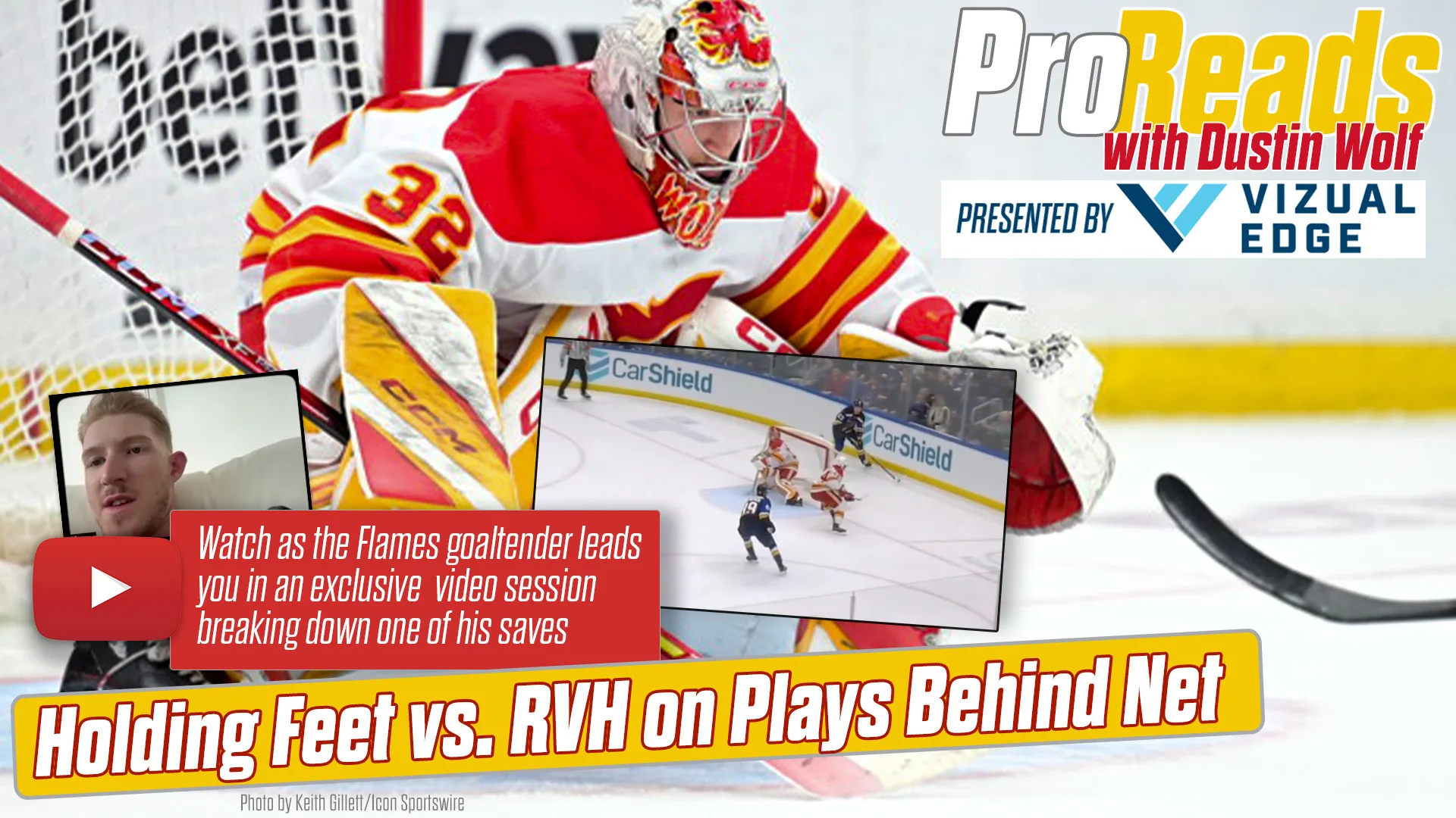 Calgary Flames goaltender Dustin Wolf in his crease during an InGoal Pro Reads video breakdown