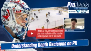 Winnipeg Jets goaltender Eric Comrie in his crease during an InGoal Pro Reads video breakdown