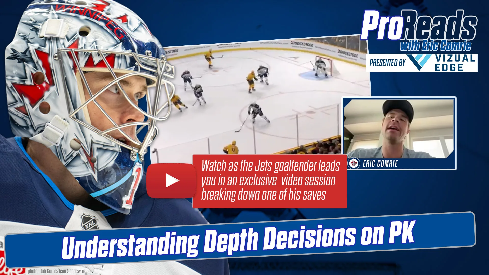 Winnipeg Jets goaltender Eric Comrie in his crease during an InGoal Pro Reads video breakdown