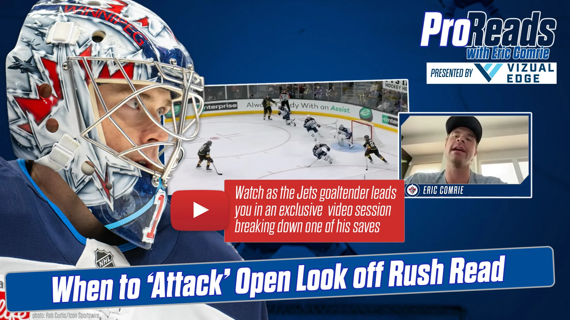 Winnipeg Jets goaltender Eric Comrie in his crease during an InGoal Pro Reads video breakdown