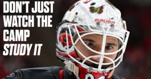 Brandon Bussi in his Carolina Hurricanes mask beside the headline Don't Just Watch the Camp, Study It