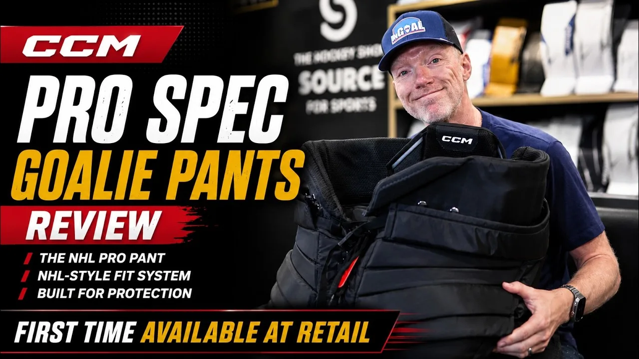 Kevin Woodley holds CCM Pro Spec goalie pants during gear review at The Hockey Shop Source for Sports