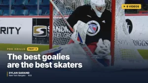 Dylan Garand in New York Rangers gear practicing crease skating drills during off-ice training session