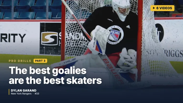 Dylan Garand in New York Rangers gear practicing crease skating drills during off-ice training session