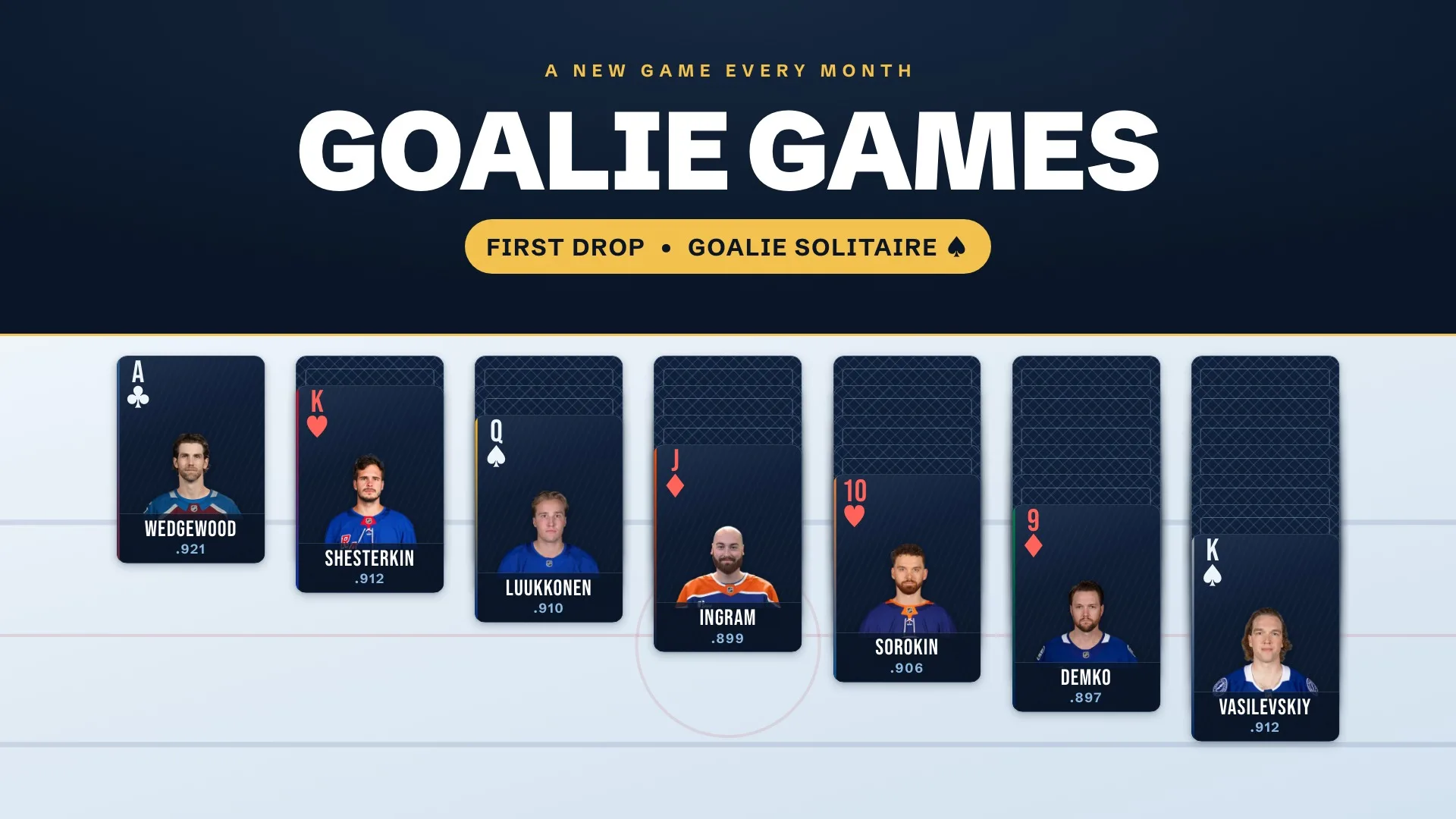 Goalie Games promo graphic showing playing cards featuring NHL goalie headshots for the Goalie Solitaire card game launch