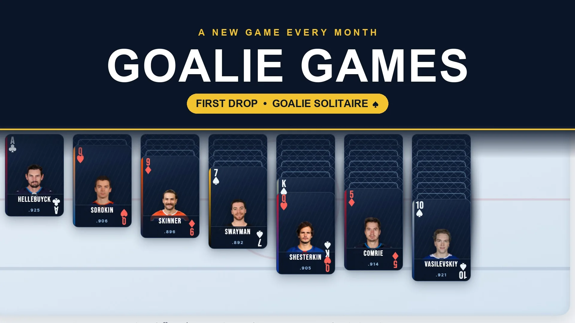 InGoal Goalie Games — a deck of NHL goaltender playing cards dealt into Goalie Solitaire on the ice