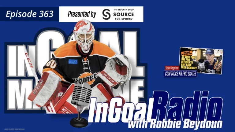 InGoal Radio Episode 363 podcast cover featuring goalie Robbie Beydoun in orange and black pads in butterfly stance