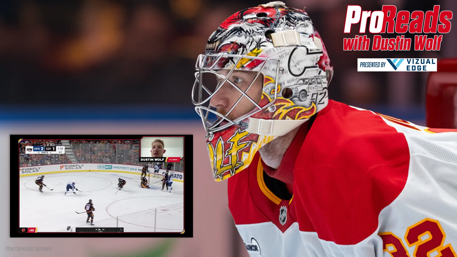 Calgary Flames goalie Dustin Wolf in red/white mask with game footage inset showing low-high play positioning drill