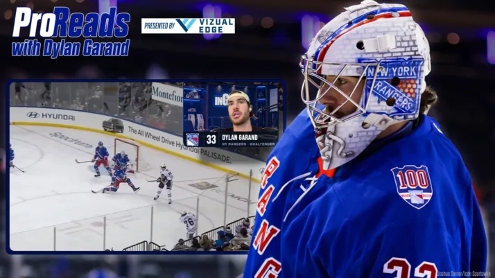 Dylan Garand in New York Rangers blue gear and decorated mask tracks play during a ProReads analysis segment