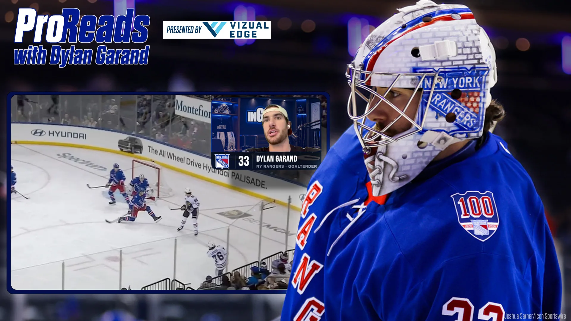 Dylan Garand in New York Rangers blue gear and decorated mask tracks play during a ProReads analysis segment
