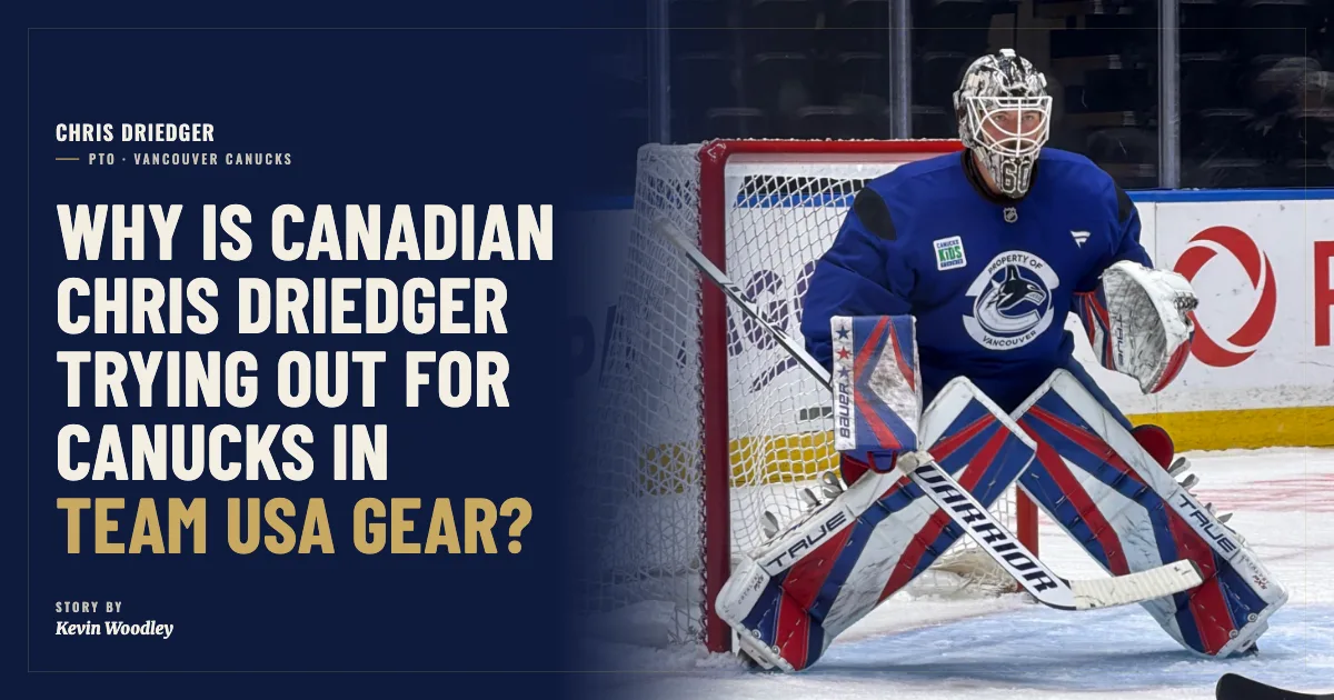 Chris Driedger in Joey Daccord's Team USA gear at Vancouver Canucks camp