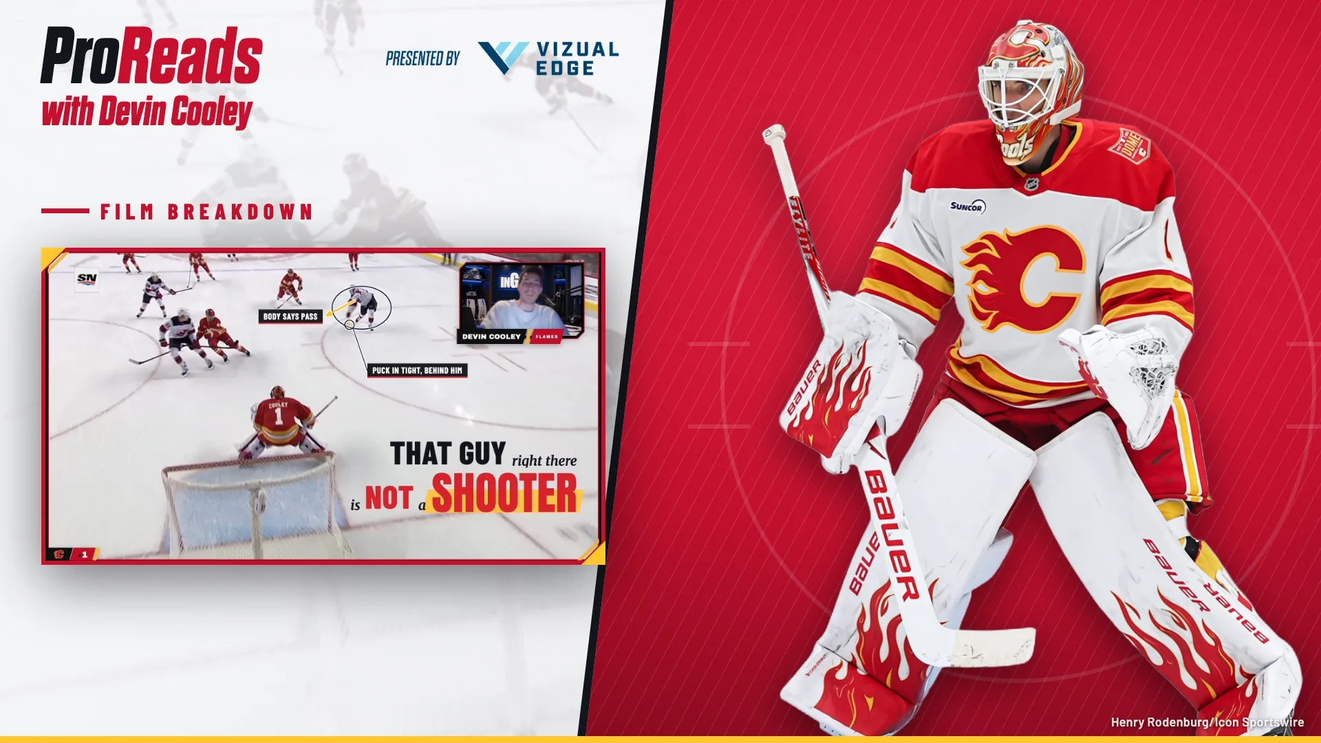 Calgary Flames goaltender Devin Cooley in his stance for Pro Reads: To Slide or Not to Slide