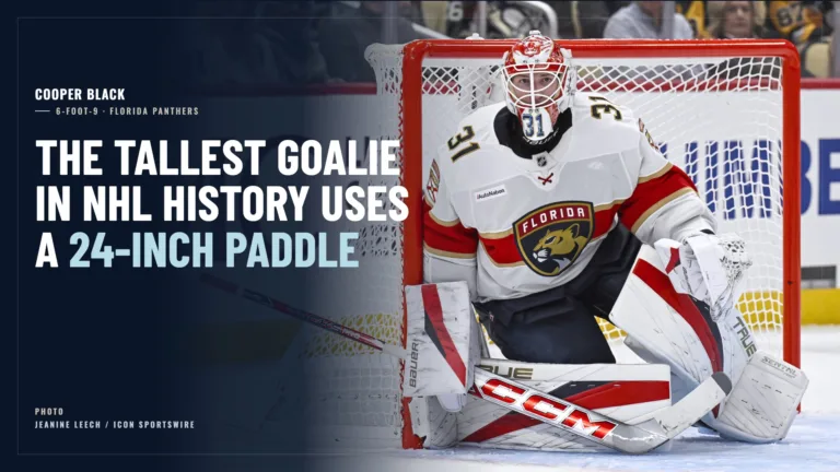 Florida Panthers goalie Cooper Black in white CCM gear making a save in butterfly position on the ice