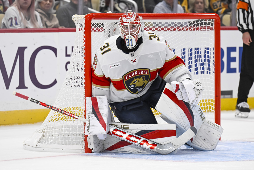 Cooper Black, at 6-foot-9 the tallest goalie in NHL history, in his RVH for the Florida Panthers during his NHL debut against the Pittsburgh Penguins