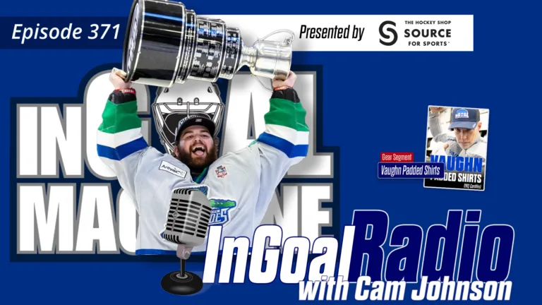 Cam Johnson raises the Kelly Cup overhead in Everblades gear on InGoal Radio Episode 371 podcast artwork.