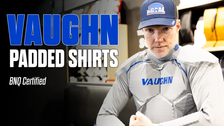Goalie wearing Vaughn VCS Pro padded goalie shirt with BNQ-certified neck collar, shown in gear review segment