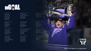 Nicole Hensley lifts the Walter Cup with the Minnesota Frost, beside the names of every goalie at PWHL training camp
