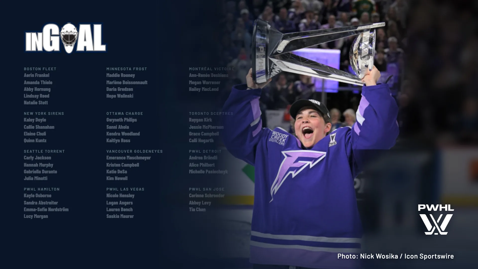 Nicole Hensley lifts the Walter Cup with the Minnesota Frost, beside the names of every goalie at PWHL training camp