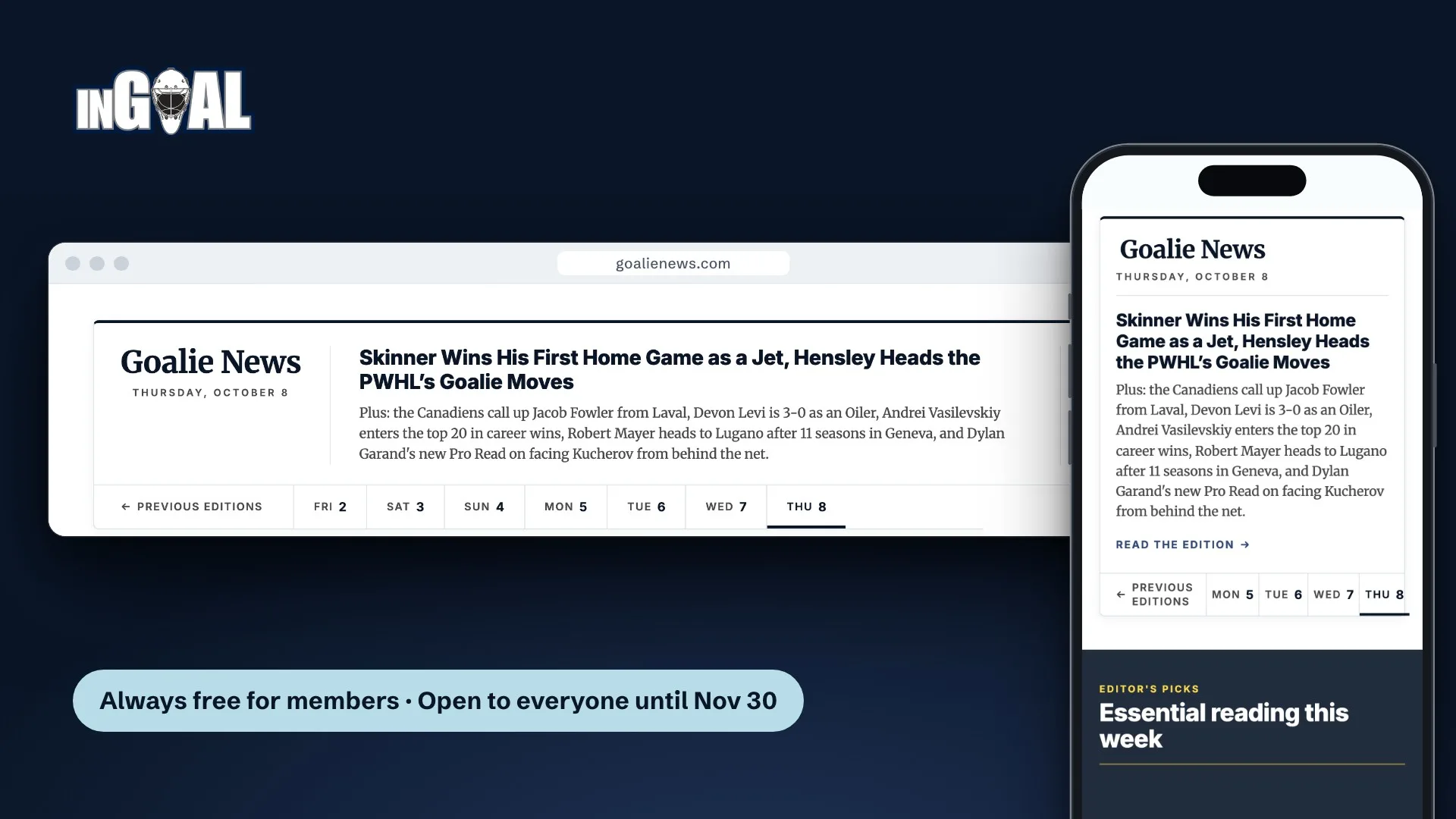 Goalie News on the InGoal homepage, shown on a desktop browser and an iPhone