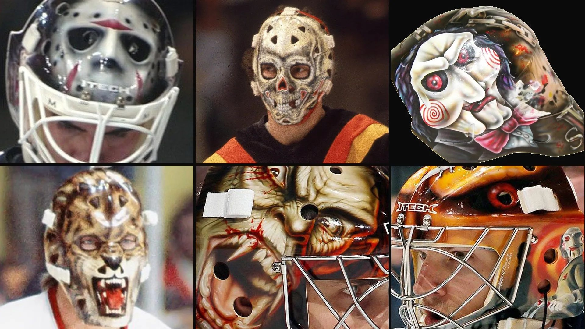 Collage of six horror-themed NHL goalie masks including skull, Jason Voorhees, Saw puppet, werewolf, zombie, and flame des...