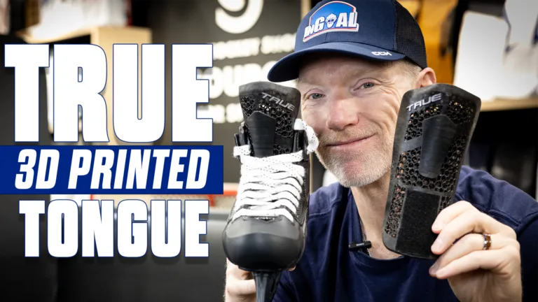 InGoal Magazine host holds a TRUE goalie skate and 3D-printed tongue, comparing the innovative replacement tongue design.